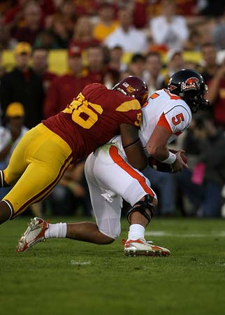 Defensive end Lawrence Jackson #96 of the USC Trojans .