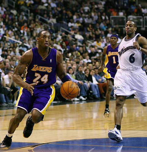 Kobe Bryant of the Los Angeles Lakers drives to the basket.